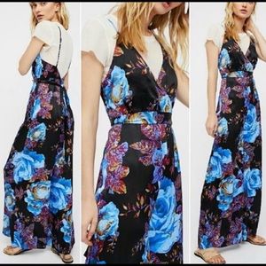 FREE PEOPLE Blue Floral Satiny Jumpsuit Sz 6
